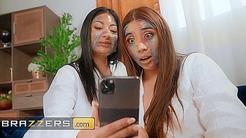 Cami Strella And Violet Myers In Play With Each Others Pussy At The Spa Then Camis Husband Join For A 3some