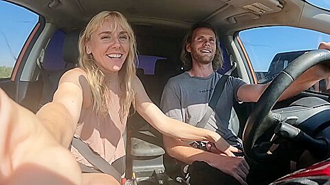 Petite Blonde In Gives Me Road Head In The Car